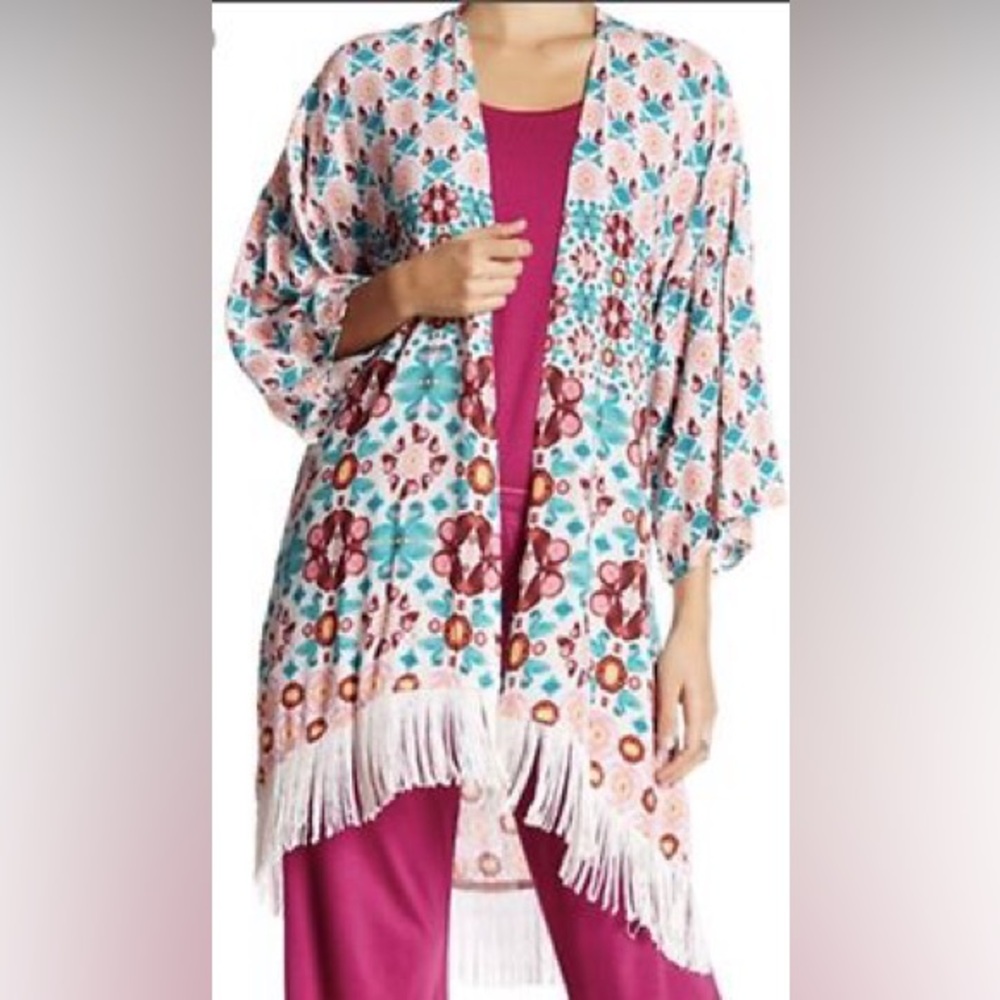 ✨3 for $30✨ PJ Salvage | Mixed Print Fringe Kimono | Festival Boho Duster | M 🕥